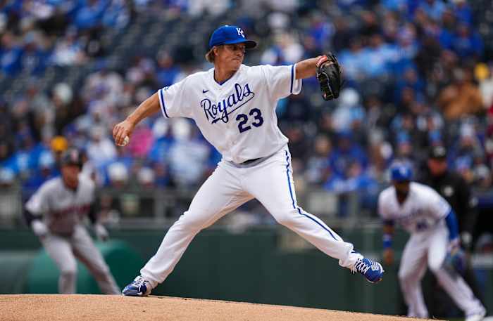 Apr 7, 2022; Kansas City, Missouri, USA; Kansas City Royals starting pitcher Zack Greinke (23) pitches against the Cleveland Guardians during the first inning at Kauffman Stadium. Mandatory Credit: Jay Biggerstaff-USA TODAY Sports